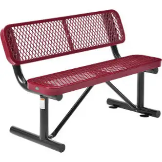 Global Industrial 4' Outdoor Steel Bench w/ Backrest, Expanded Metal, Red