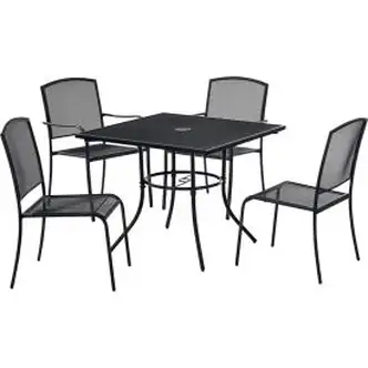 Interion Mesh Caf Table and Chair Set, 36" Square, 4 Armchairs, Black