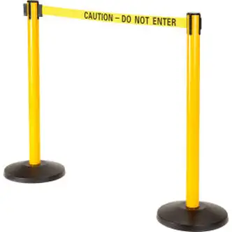 Global Industrial Retractable Belt Barrier, 40" Yellow Post, 11' Yellow "Caution" Belt