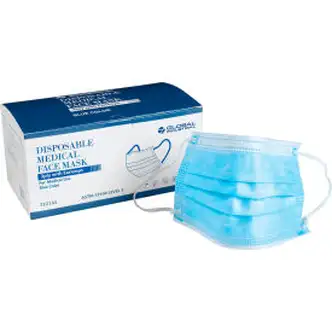 Global Industrial Disposable Medical Face Mask, 3-Ply w/Earloops, ASTM Level 3, Blue, 50/Box