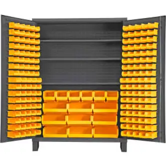 Global Industrial Bin Cabinet Flush Door - 185 Yellow Bins, 16 Ga. All-Welded Cabinet 60x24x84