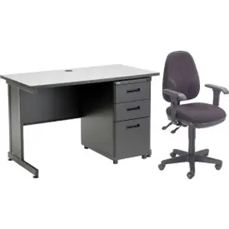 Interion Office Desk and Fabric Chair Bundle with 3 Drawer Pedestal - 48" x 24" - Gray