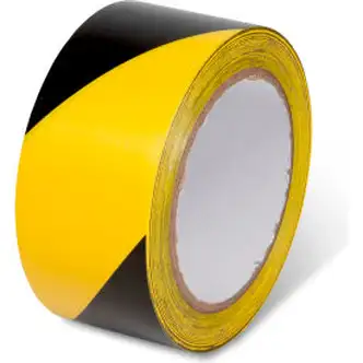 Global Industrial Striped Hazard Warning Tape, 2"W x 108'L, 5 Mil, Black/Yellow, 1 Roll