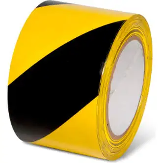 Global Industrial Striped Hazard Warning Tape, 3"W x 108'L, 5 Mil, Black/Yellow, 1 Roll