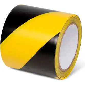 Global Industrial Striped Hazard Warning Tape, 4"W x 108'L, 5 Mil, Black/Yellow, 1 Roll