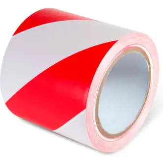 Global Industrial Striped Hazard Warning Tape, 4"W x 108'L, 5 Mil, Red/White, 1 Roll