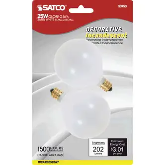 Satco 25W Frosted Soft White Candelabra Base G16.5 Incandescent Globe Light Bulb (2-Pack)