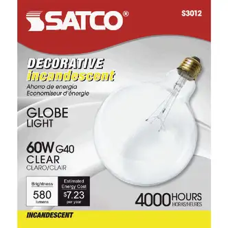 Satco 60W Clear Soft White Medium Base G40 Incandescent Globe Light Bulb