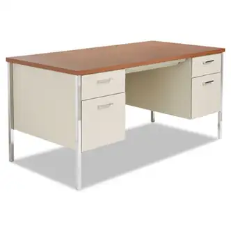 Double Pedestal Steel Desk, 60" x 30" x 29.5", Cherry/Putty, Chrome-Plated Legs