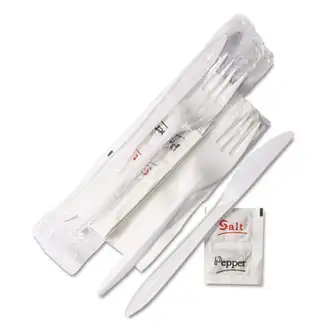 Wrapped Cutlery Kit, 6.25", Fork/Knife/Napkin/Salt/Pepper, Polypropylene, White, 500/Carton