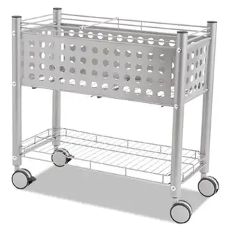 File Cart with Open Top, Metal, 1 Shelf, 2 Bins, 28.25" x 13.75" x 27.38", Matte Gray
