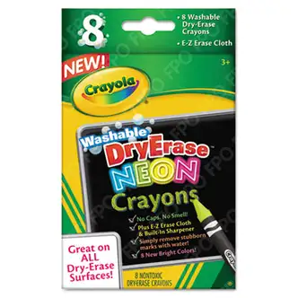 Washable Dry Erase Crayons w/E-Z Erase Cloth, Assorted Neon Colors, 8/Pack