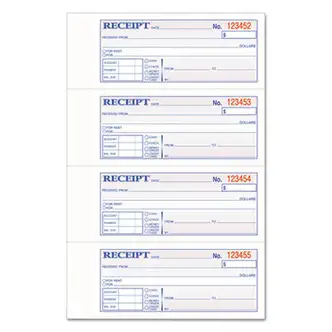 TOPS 3-Part Hardbound Receipt Book, Three-Part Carbonless, 7 x 2.75, 4 Forms/Sheet, 200 Forms Total