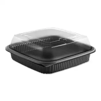 Culinary Squares 2-Piece Microwavable Container, Deep Lid, 36 oz, 8.46 x 8.46 x 2.91, Clear/Black, Plastic, 150/Carton