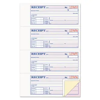 Receipt Book, Three-Part Carbonless, 7.19 x 2.75, 4 Forms/Sheet, 100 Forms Total