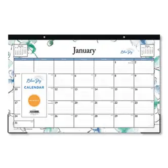 Lindley Desk Pad, Floral Artwork, 17 x 11, White/Blue/Green Sheets, Black Binding, Clear Corners, 12-Month (Jan-Dec): 2024