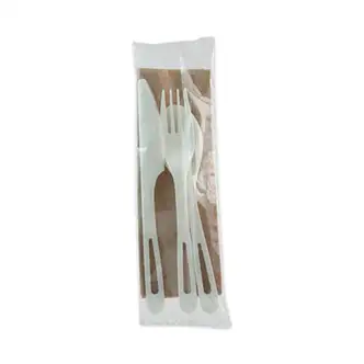 TPLA Compostable Cutlery, Knife/Fork/Spoon/Napkin, 6", White, 250/Carton