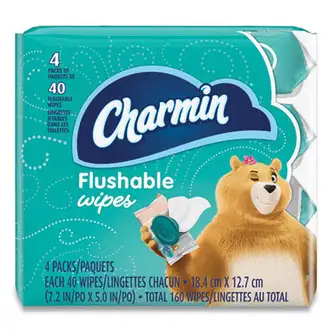 Flushable Wipes, 1-Ply, 5 x 7.2, Unscented, White, 40 Wipes/Tub, 4 Tubs/Pack
