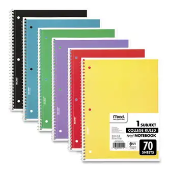 Spiral Notebook, 1-Subject, Medium/College Rule, Assorted Cover Colors, (70) 10.5 x 8 Sheets, 6/Pack