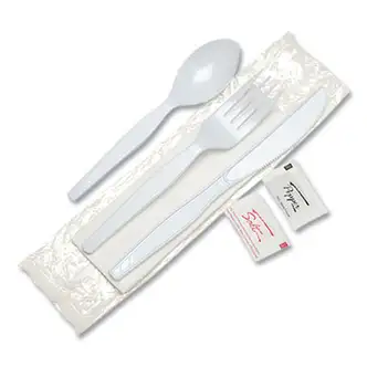 Individually Wrapped Mediumweight Polystyrene Cutlery, Knife/Fork/Teaspoon/Salt/Pepper/Napkin, White, 250/Carton