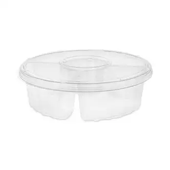Dip Cup Platter, 4-Compartment, 64 oz, 10" Diameter, Clear, Plastic, 100/Carton