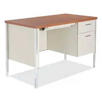 Single Pedestal Steel Desk, 45.25" x 24" x 29.5", Cherry/Putty, Chrome-Plated Legs