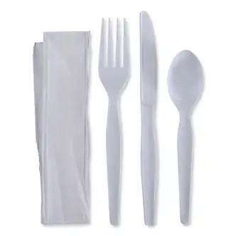 Four-Piece Cutlery Kit, Fork/Knife/Napkin/Teaspoon, Heavyweight, White, 250/Carton