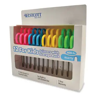 For Kids Scissors Teacher's Pack, Rounded Tip, 5" Long, 1.75" Cut Length, Straight Assorted Color Handles, 12/Pack