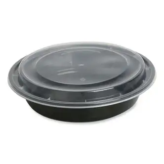 Microwavable Food Container with Lid, Round, 48 oz, 8.85 x 8.85 x 2.24, Black/Clear, Plastic, 150/Carton