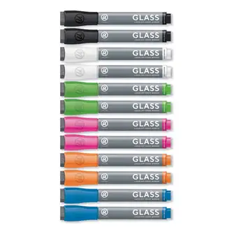 Bullet Tip Low-Odor Liquid Glass Markers with Erasers, Broad Bullet Tip, Assorted Colors, 12/Pack