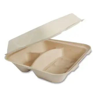 Fiber Hinged Containers, 3-Compartments, 9 x 9 x 3, Natural, Paper, 300/Carton