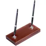 Dacasso Bonded Leather Double Pen Stand - Bonded Leather - 1 Each - Dark Brown, Silver