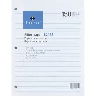 Sparco 3-hole Punched Filler Paper - 150 Sheets - College Ruled - Ruled Red Margin - 16 lb Basis Weight - 8" x 10 1/2" - White Paper - Bleed-free - 150 / Pack