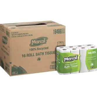 Marcal 100% Recycled Soft/Strong Bath Tissue - 2 Ply - 4.20" x 3.60" - 168 Sheets/Roll - White - 16 Rolls Per Container - 6 / Carton