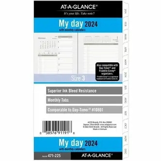 At-A-Glance 2024 Daily Monthly Planner Two Page Per Day Refill, Loose-Leaf, Portable Size - Julian Dates - Daily, Monthly - 1 Year - January 2024 - December 2024 - Hourly - 1 Day Double Page Layout - 3 3/4" x 6 3/4" White Sheet - 6-ring - White, Cream - P