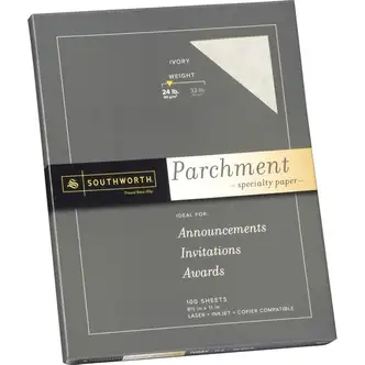 Southworth Parchment Specialty Paper - Letter - 8 1/2" x 11" - 24 lb Basis Weight - Parchment - 100 / Pack - Acid-free, Lignin-free - Ivory