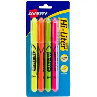Avery® Pen-Style, Assorted Colors, 4 Count (23545) - Chisel Marker Point Style - Fluorescent Yellow, Fluorescent Pink, Fluorescent Orange, Fluorescent Green Water Based Ink - Fluorescent Yellow, Fluorescent Pink, Fluorescent Orange, Fluorescent Green 