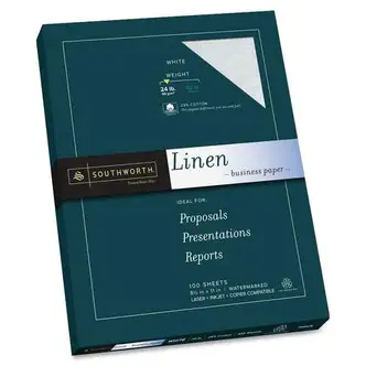 Southworth 25% Cotton Linen Business Paper - Letter - 8 1/2" x 11" - 24 lb Basis Weight - Linen - 100 / Box - Acid-free, Watermarked, Date-coded - White