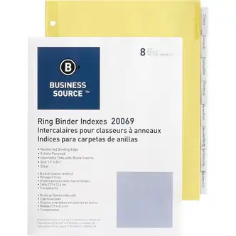 Business Source Buff Stock Ring Binder Indexes - 8 x Divider(s) - 8 Tab(s)/Set1.25" Tab Width - 8.5" Divider Width x 11" Divider Length - Letter - 3 Hole Punched - Clear Buff Paper Divider - Clear Tab(s) - Tear Resistant, Reinforced Edges, Punched, Insert