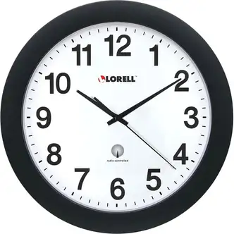Lorell 12" Round Radio-Controlled Wall Clock - Analog - Quartz - White Main Dial - Black/Plastic Case