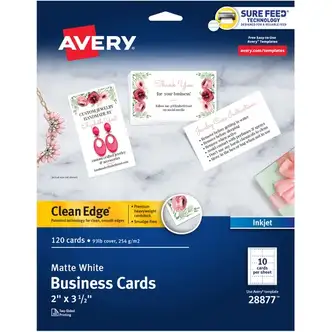 Avery® Clean Edge Business Cards, 2" x 3.5" , White, 120 (28877) - 110 Brightness - A8 - 2" x 3 1/2" - 93 lb Basis Weight - 254 g/m² Grammage - Matte - 120 / Pack - FSC Mix - Rounded Corner, Smooth Edge, Unperforated - White