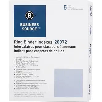 Business Source 3-Ring 5-Tab Erasable Tab Indexes - 5 Write-on Tab(s)2" Tab Width - 8.5" Divider Width x 11" Divider Length - Letter - 3 Hole Punched - White Divider - Mylar Tab(s) - Recycled - Erasable, Reinforced Edges, Punched, Laminated Tab - 5 / Set