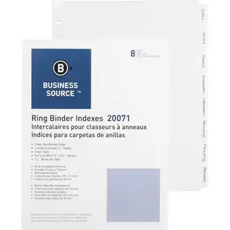 Business Source 3-Ring Plain Tab Indexes - 8 Write-on Tab(s)1.25" Tab Width - 8.5" Divider Width x 11" Divider Length - Letter - 3 Hole Punched - White Divider - Recycled - Punched, Mylar Reinforced Edge - 100 / Box