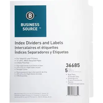 Business Source Punched Laser Index Dividers - 5 Blank Tab(s) - 8.5" Divider Width x 11" Divider Length - Letter - 3 Hole Punched - White Paper Divider - White Tab(s) - Recycled - Mylar Reinforcement, Reinforced, Punched - 25 / Box