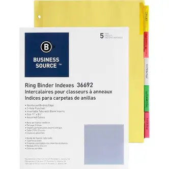 Business Source Insertable Tab Ring Binder Indexes - 5 Blank Tab(s)2" Tab Width - 8.5" Divider Width x 11" Divider Length - Letter - 3 Hole Punched - Multicolor Tab(s) - Tear Resistant, Punched, Insertable, Reinforced Edges - 5 / Set
