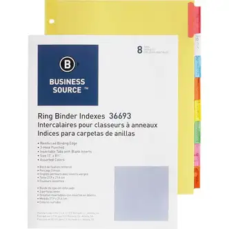 Business Source Insertable Tab Ring Binder Indexes - 8 Blank Tab(s)1.50" Tab Width - 8.5" Divider Width x 11" Divider Length - Letter - 3 Hole Punched - Multicolor Tab(s) - Tear Resistant, Punched, Insertable, Reinforced Edges - 8 / Set