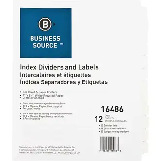 Business Source Customize 12-Tab Index Dividers - 12 x Divider(s) - 12 Print-on Tab(s) - 8.3" Divider Width - 3 Hole Punched - White Divider - White Tab(s) - Recycled - Punched, Mylar Reinforcement - 25 / Box