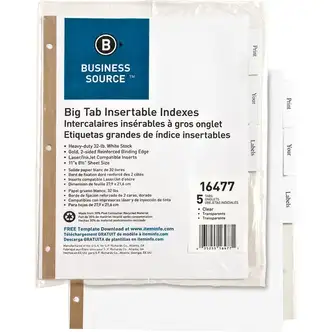 Business Source Tear-resistant Clear Tab Index Dividers - 5 x Divider(s) - 5 Tab(s)/Set - 8.5" Divider Width x 11" Divider Length - Letter - White Divider - Clear Tab(s) - Recycled - Tear Resistant - 5 / Set