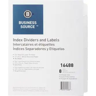 Business Source Unpunched Index Dividers Set - 8 Blank Tab(s) - 8.5" Divider Width x 11" Divider Length - Letter - White Tab(s) - Recycled - Unpunched - 25 / Box