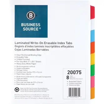 Business Source Laminated Write-On Tab Indexes - 8 Write-on Tab(s) - 8 Tab(s)/Set - 11" Tab Height x 8.50" Tab Width - 3 Hole Punched - Self-adhesive, Removable - Multicolor Mylar Tab(s) - Recycled - Laminated Tab, Reinforced Edges, Punched, Erasable - 8 
